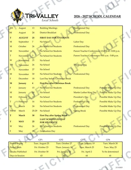 Tri-Valley Local Schools 2026-27 calendar