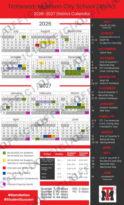 Trotwood-Madison City School District 2026-27 calendar
