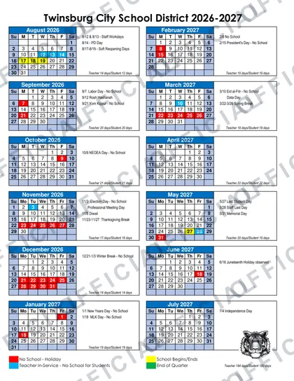 Twinsburg City School District 2026-27 calendar
