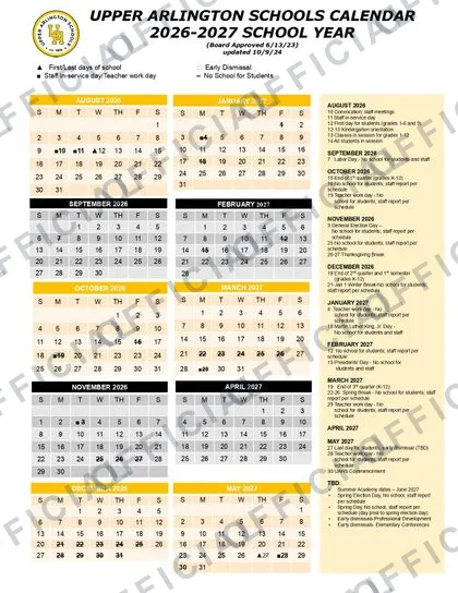 Upper Arlington Schools 2026-27 calendar