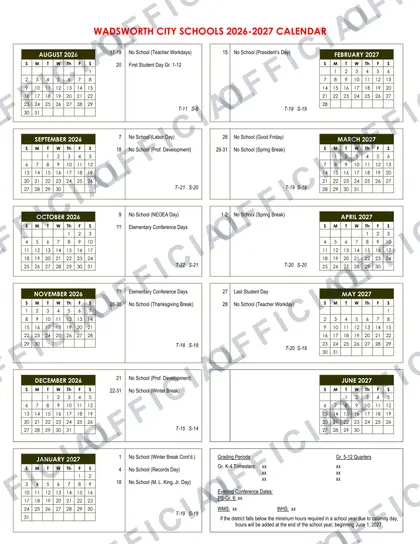 Wadsworth City Schools 2026-27 calendar