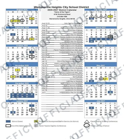Warrensville Heights City School District 2026-27 calendar