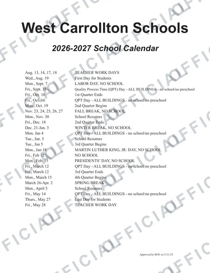 West Carrollton Schools 2026-27 calendar