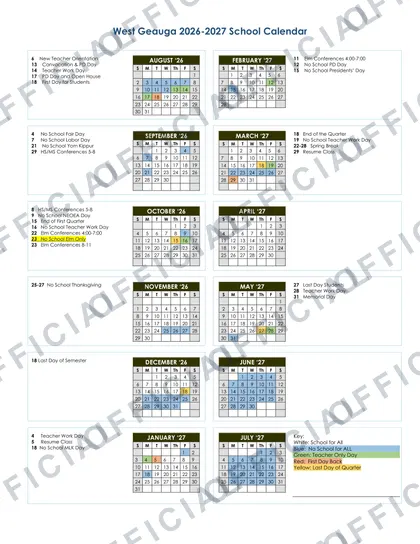 West Geauga 2026-27 calendar