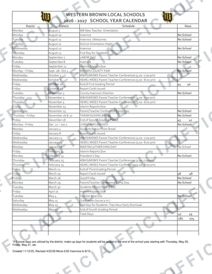 Western Brown Local Schools 2026-27 calendar