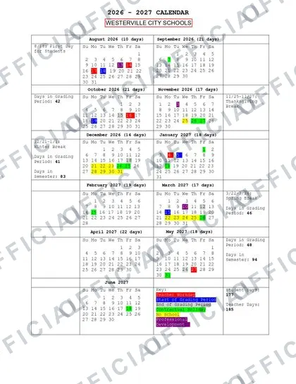 Westerville City Schools 2026-27 calendar