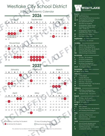 Westlake City School District 2026-27 calendar