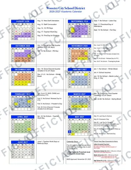 Wooster City School District 2026-27 calendar