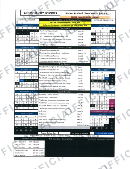 Ardmore City Schools 2026-27 calendar