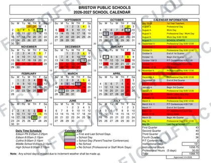 Bristow Public Schools Rev 2 2026-27 calendar