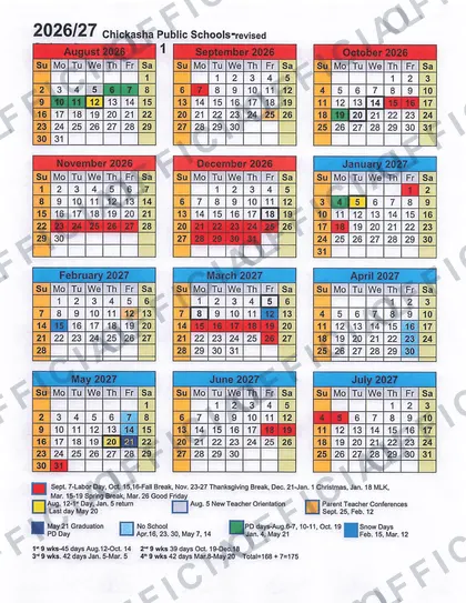 Chickasha Public Schools Rev 2 2026-27 calendar