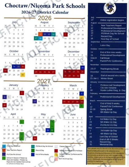 Choctaw Nicoma Park Schools 2026-27 calendar