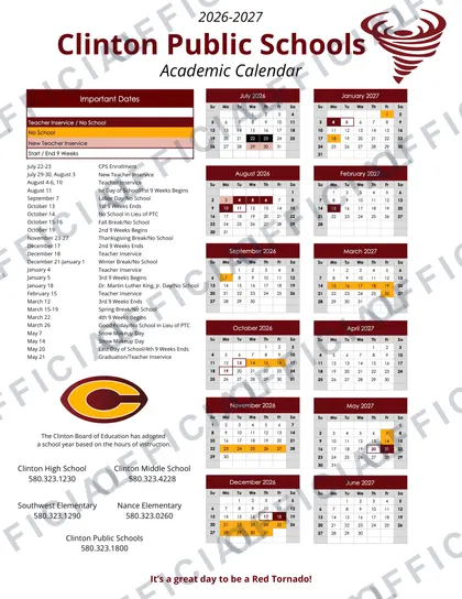 Clinton Public Schools 2026-27 calendar
