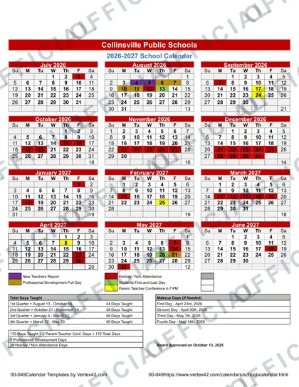 Collinsville Public Schools 2026-27 calendar