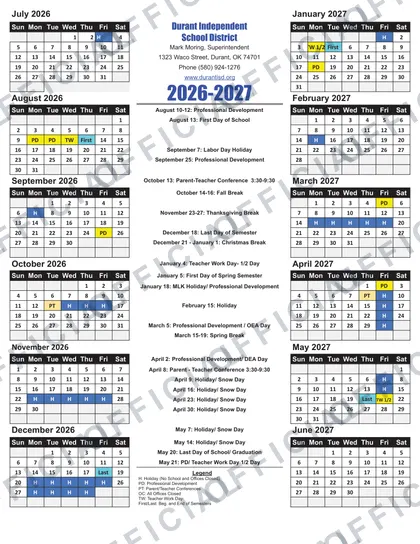 Durant Independent School District 2026-27 calendar