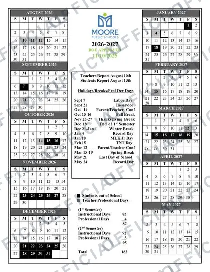 Moore Public Schools 2026-27 calendar