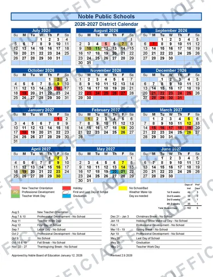 Noble Public Schools 2026-27 calendar