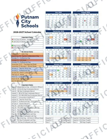 Putnam City Schools 2026-27 calendar