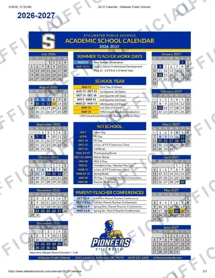 Stillwater Public Schools 2026-27 calendar