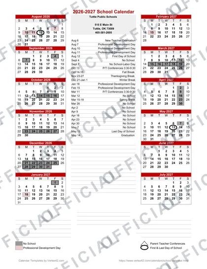 Tuttle Public Schools 2026-27 calendar