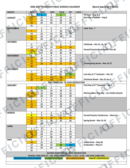 Wagoner Public Schools 2026-27 calendar
