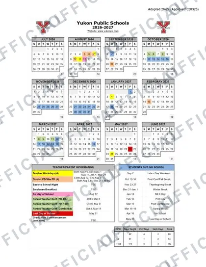 Yukon Public Schools OK Dates 2026-27 calendar