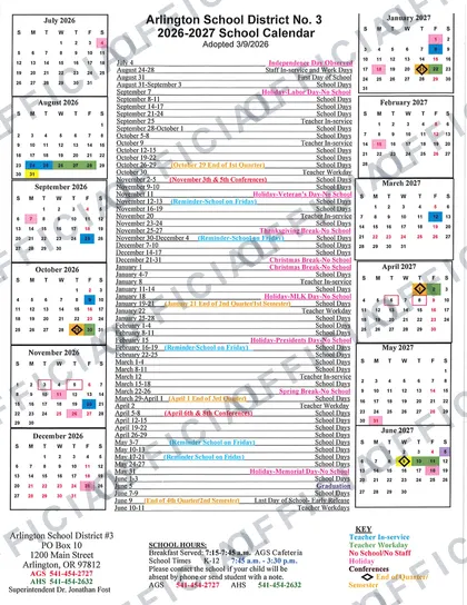 Arlington School District No. 3 2026-27 calendar