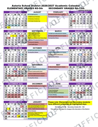 Astoria School District 2026-27 calendar