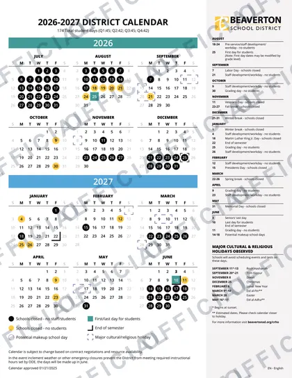 Beaverton School District 2026-27 calendar