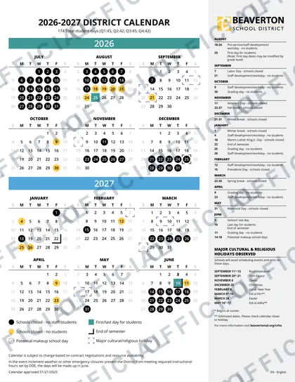 Beaverton School District 2026-27 calendar