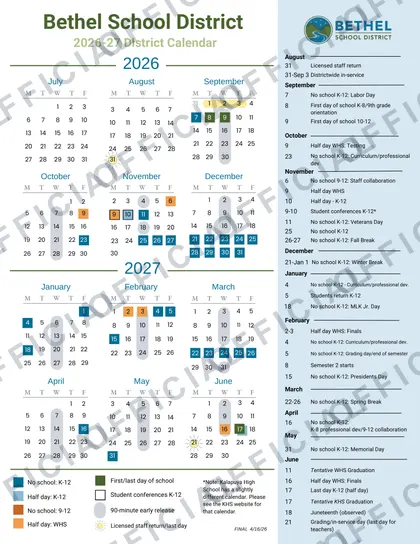 Bethel School District 2026-27 calendar