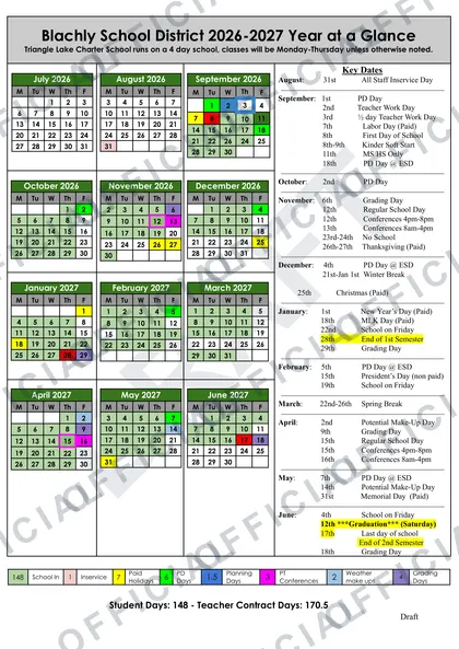 Blachly School District 2026-27 calendar