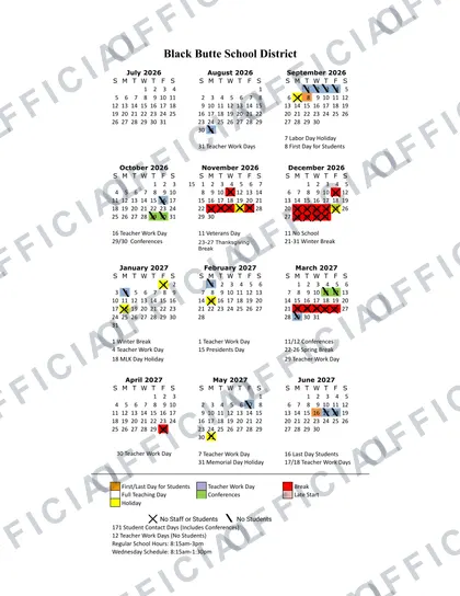 Black Butte School District 2026-27 calendar
