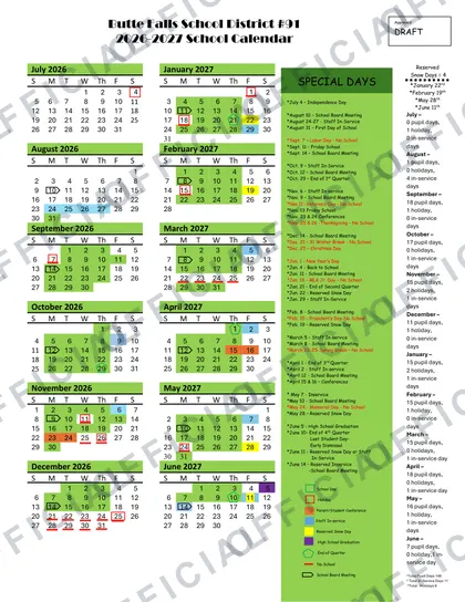 Butte Falls School District #91 2026-27 calendar