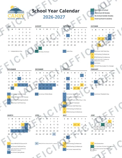 Canby School District 2026-27 calendar