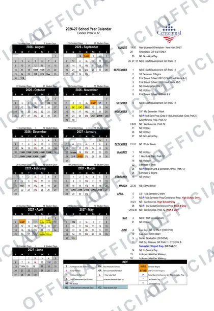 Centennial School District 2026-27 calendar
