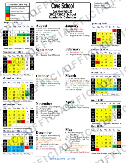 Cove School District 15 2026-27 calendar
