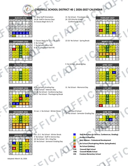 Creswell School District 40 2026-27 calendar