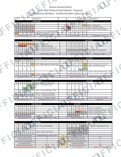 Dayton School District 2026-27 calendar