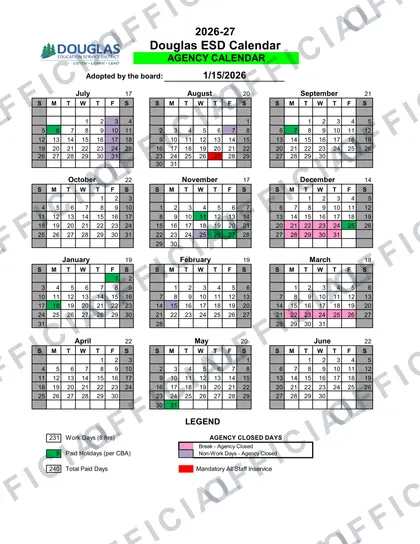 Douglas ESD 2026-27 calendar