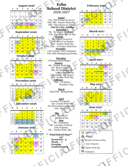 Echo School District 2026-27 calendar