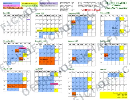 Elkton Charter School 2026-27 calendar