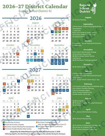 Eugene School District 4J 2026-27 calendar