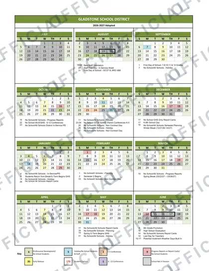 Gladstone School District 2026-27 calendar