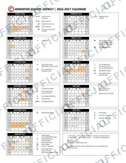 Hermiston School District 2026-27 calendar