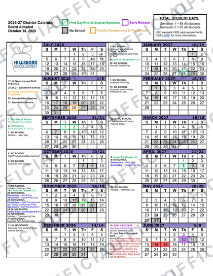 Hillsboro School District 2026-27 calendar