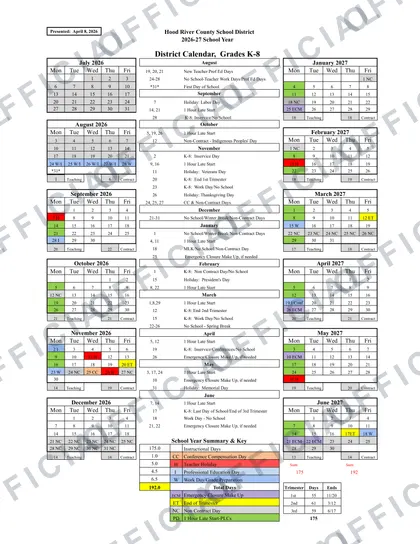 Hood River County School District 2026-27 calendar