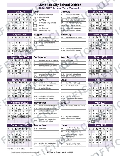 Junction City School District 2026-27 calendar