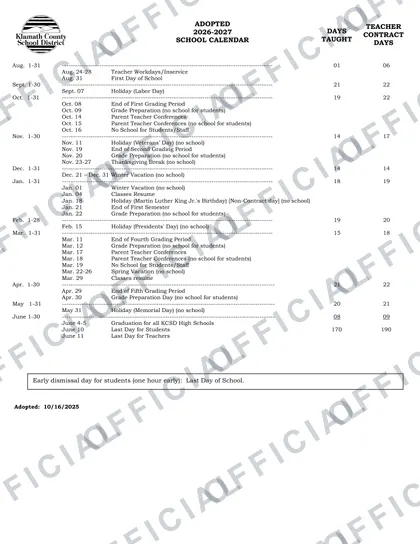 Klamath County School District 2026-27 calendar