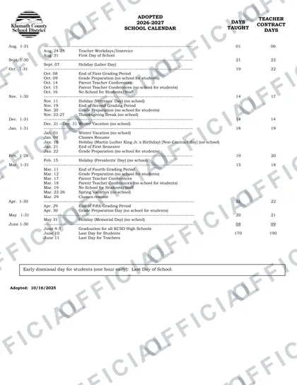 Klamath County School District 2026-27 calendar